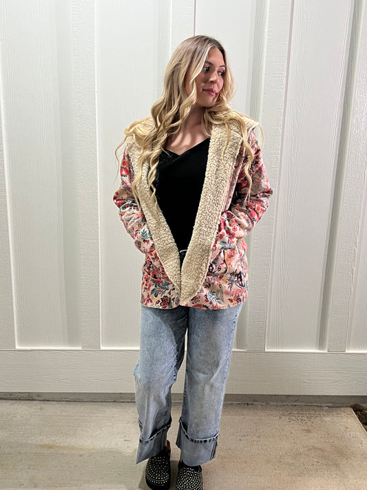 Vintage Paisley Floral Printed Sherpa Lined Hooded Jacket