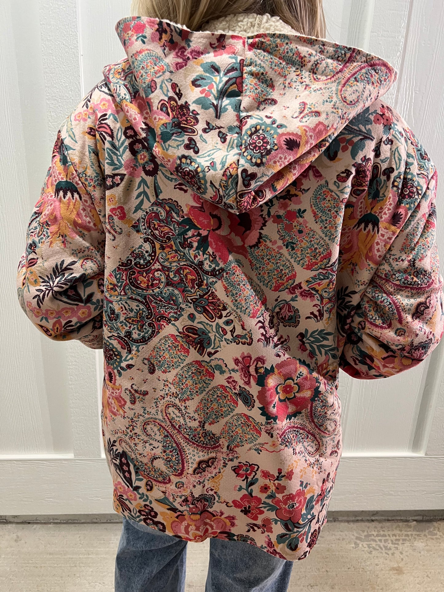 Vintage Paisley Floral Printed Sherpa Lined Hooded Jacket