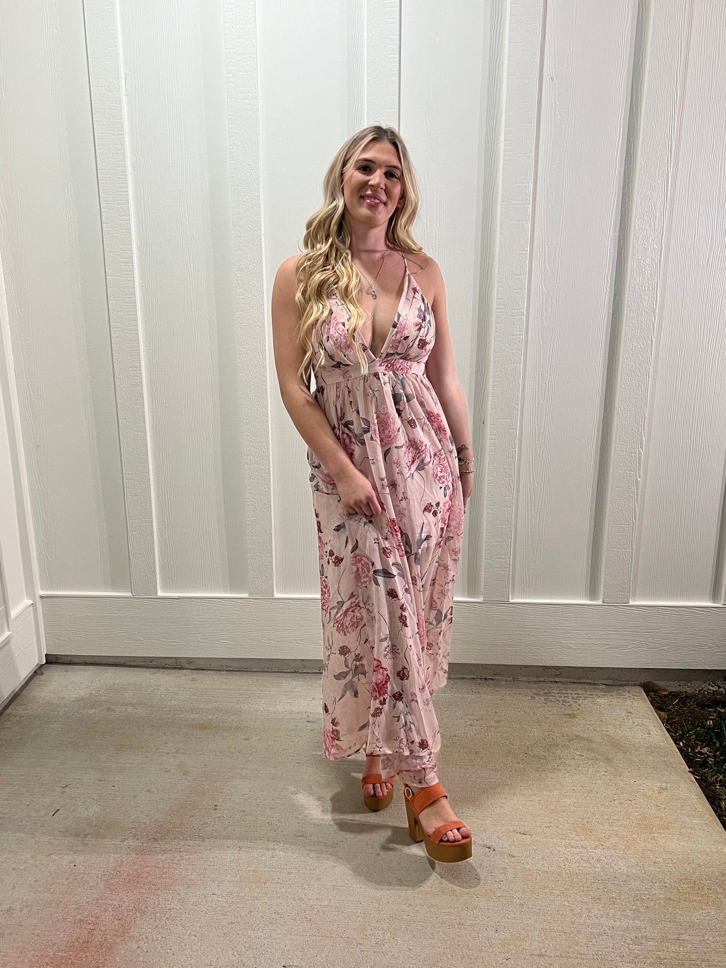 Pink Floral Backless Maxi Dress