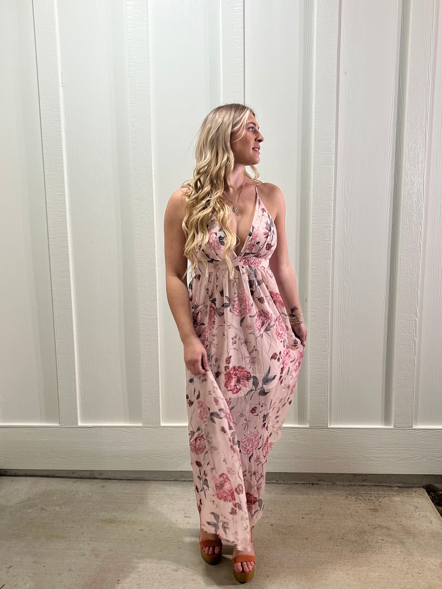 Pink Floral Backless Maxi Dress