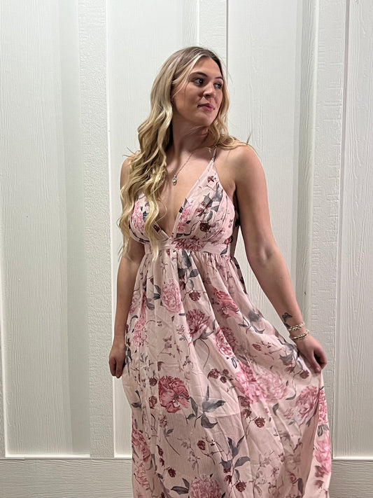Pink Floral Backless Maxi Dress