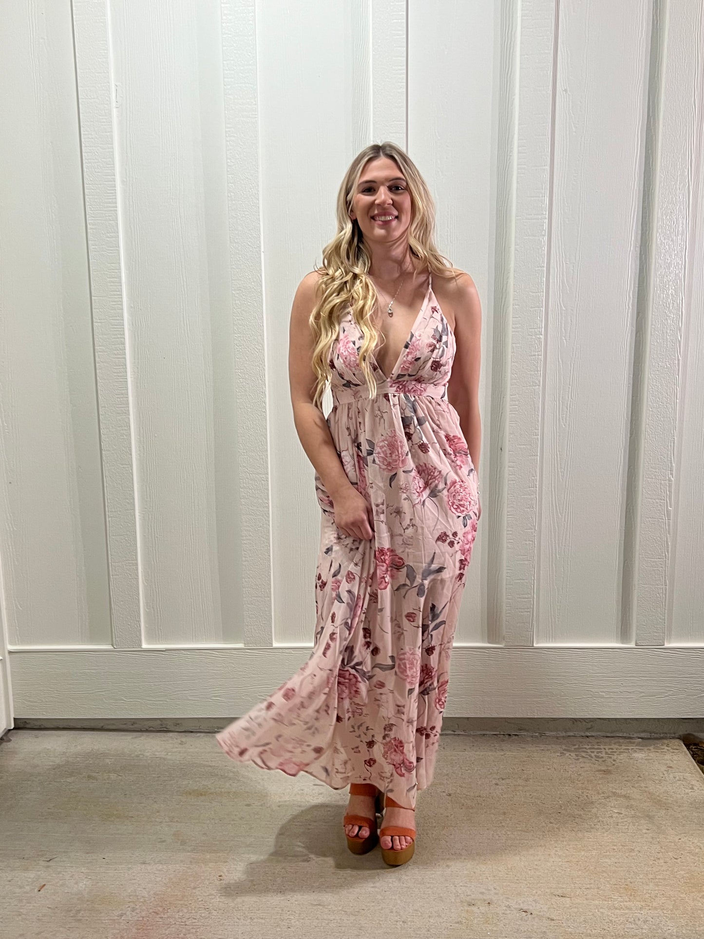 Pink Floral Backless Maxi Dress