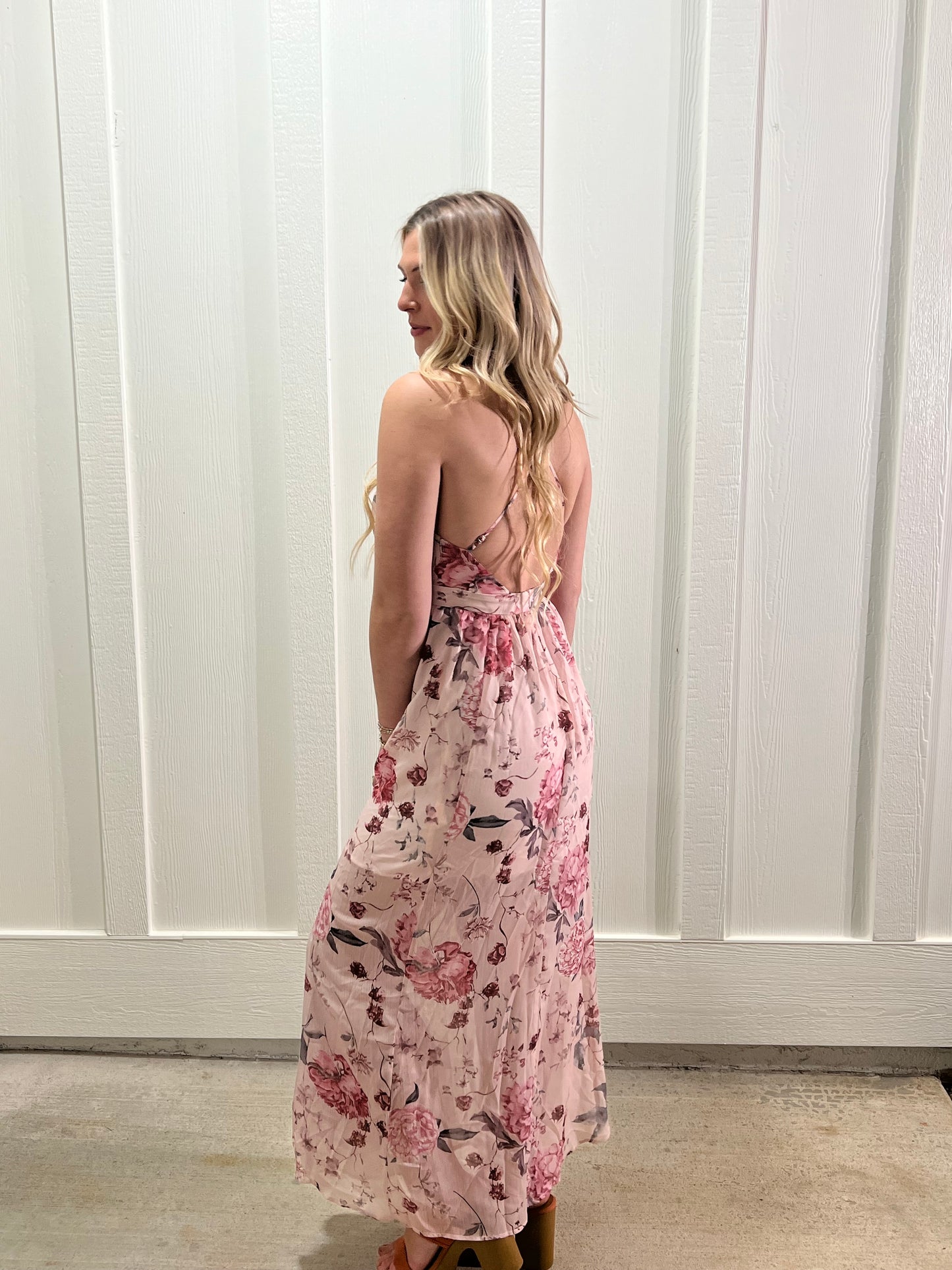 Pink Floral Backless Maxi Dress