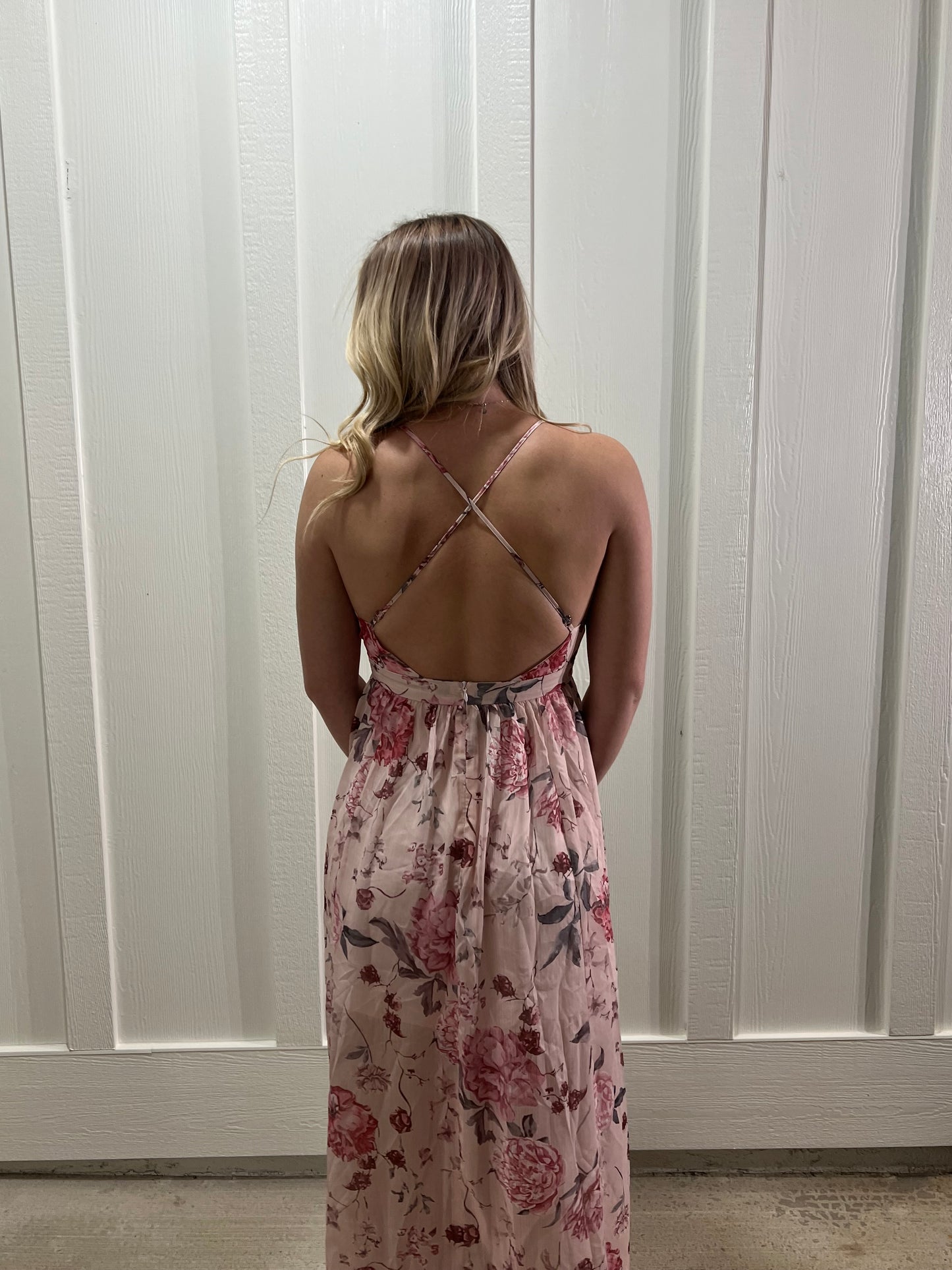 Pink Floral Backless Maxi Dress