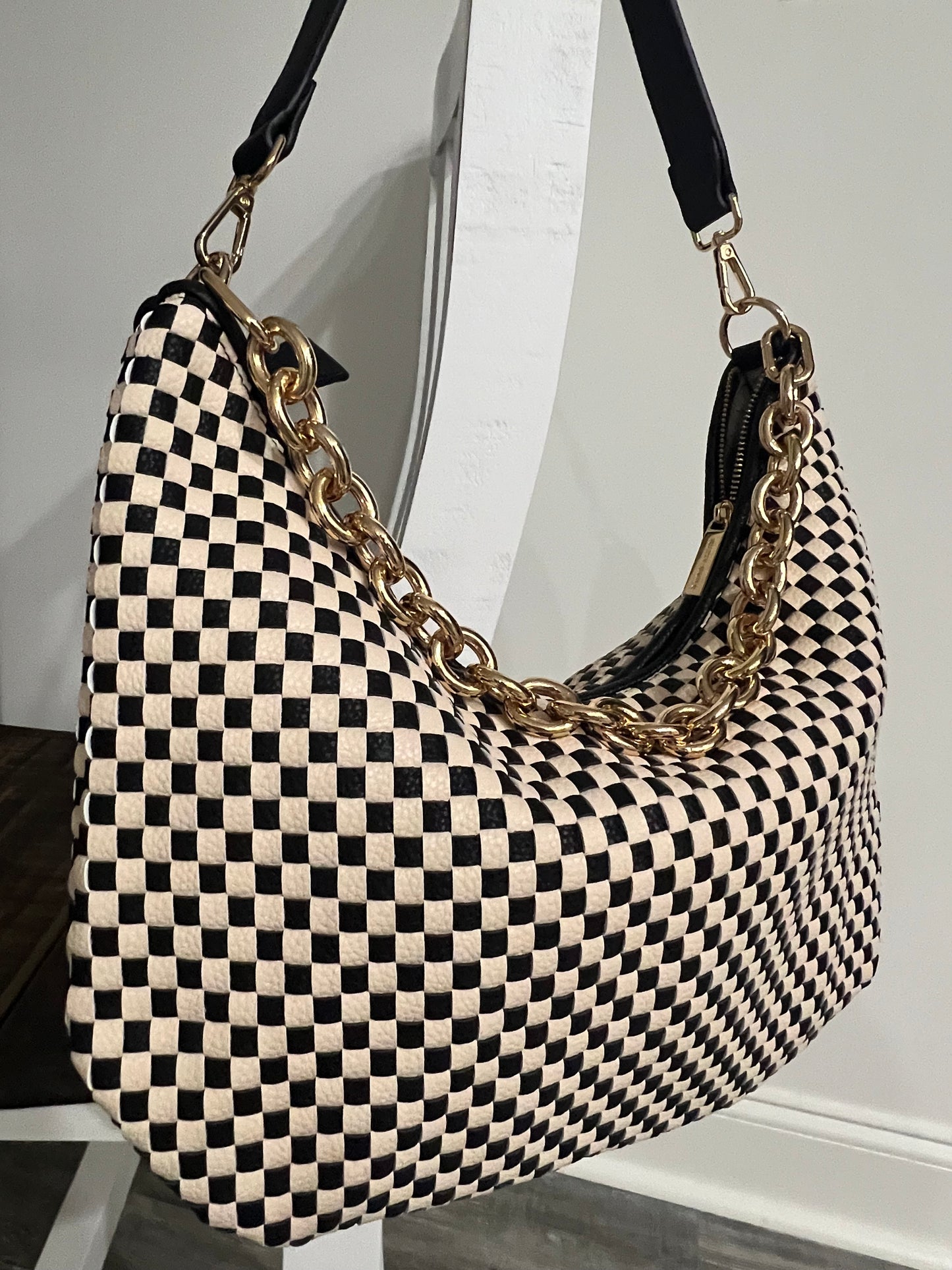 Black Checkered Sienna Slouchy Woven Shoulder Bag