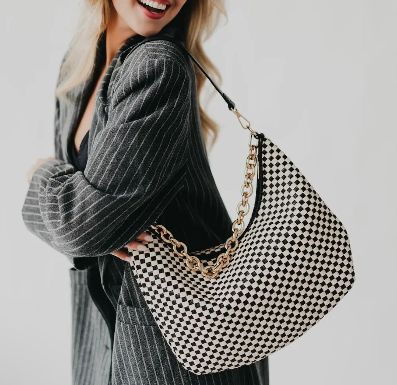 Black Checkered Sienna Slouchy Woven Shoulder Bag
