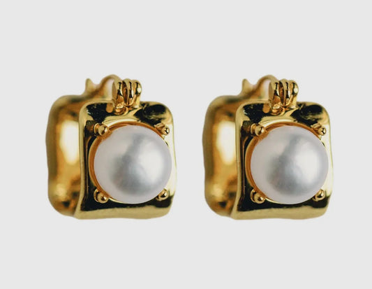 Vintage Mini Square Gold Pearl Huggie Hoop Earrings