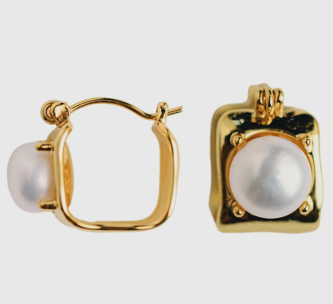 Vintage Mini Square Gold Pearl Huggie Hoop Earrings