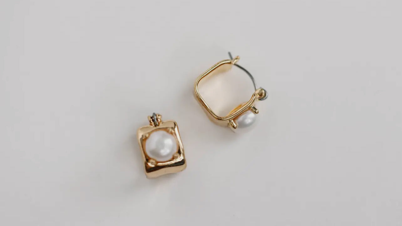 Vintage Mini Square Gold Pearl Huggie Hoop Earrings