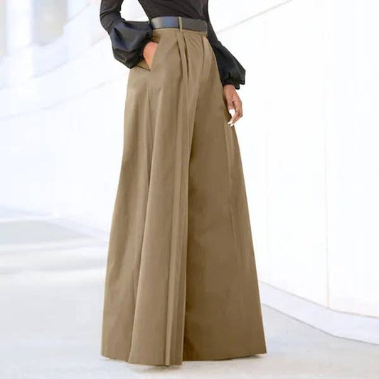 Women's High-Waisted Wide-Leg Flared Trousers (No Belt)