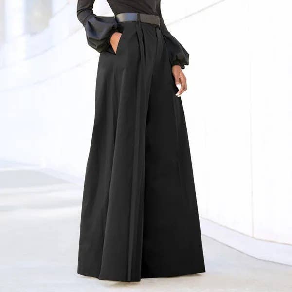Women's High-Waisted Wide-Leg Flared Trousers (No Belt)
