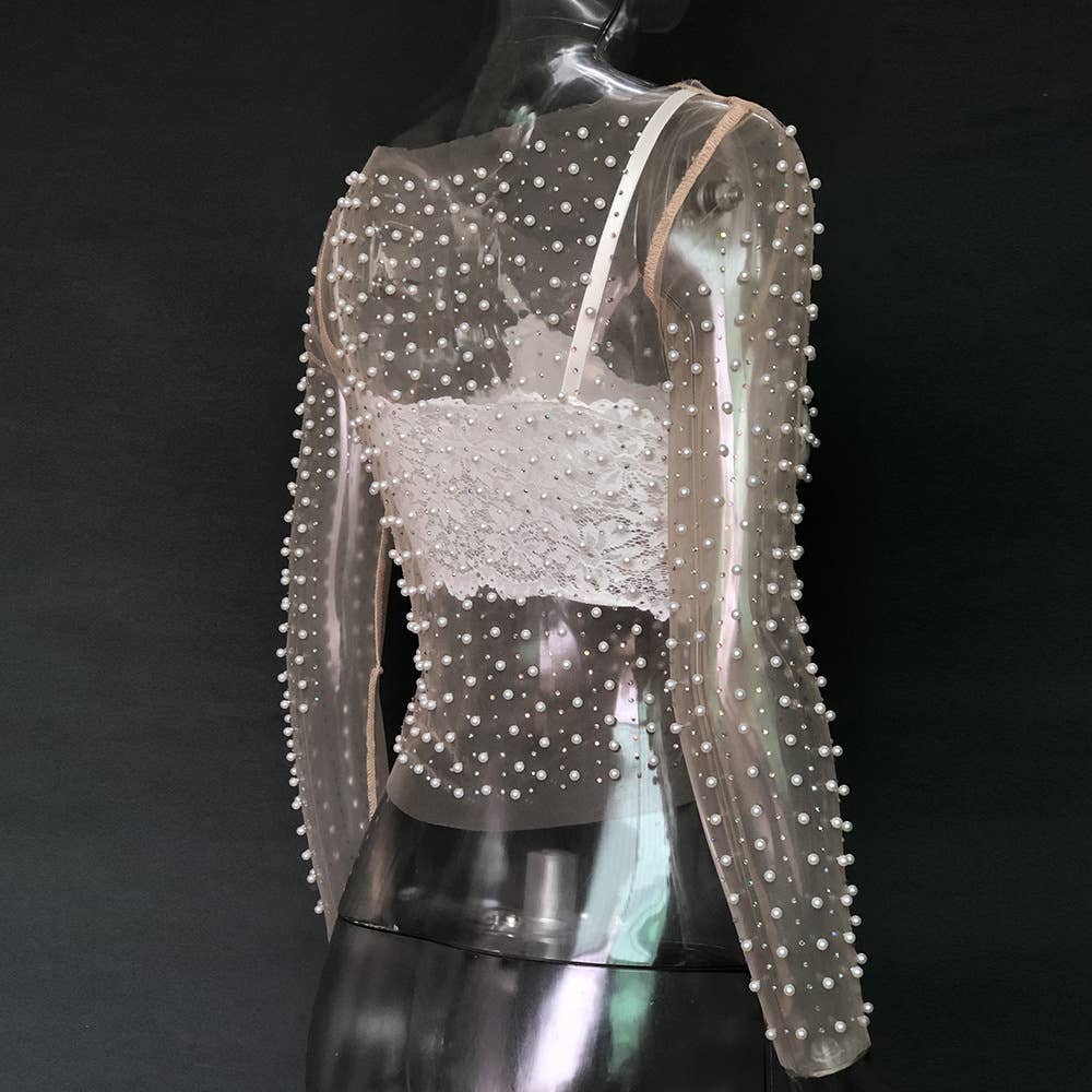 Pearl rhinestone sheer mesh see through top