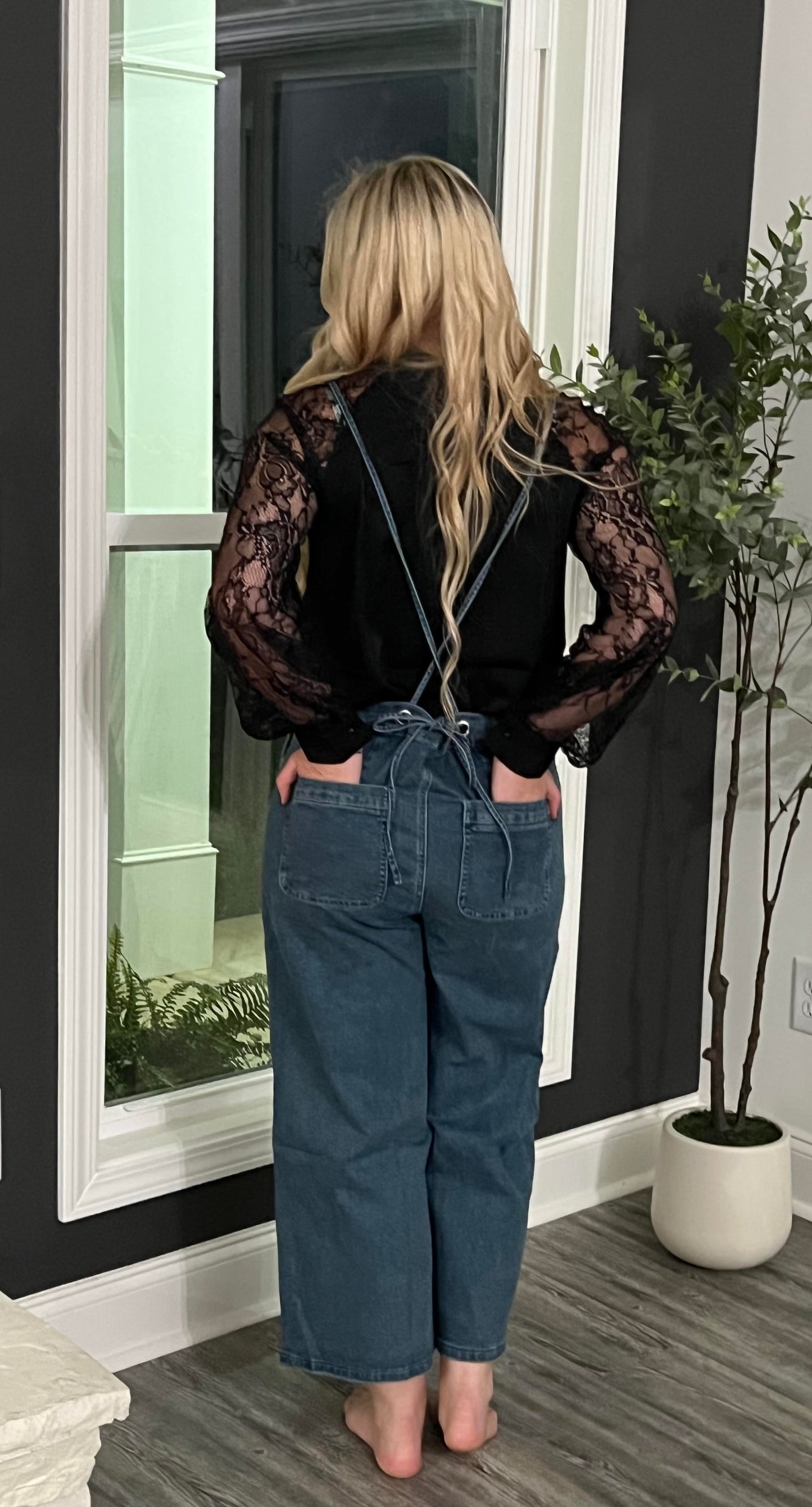 Adjustable tie strap cropped wide leg Denim Overalls