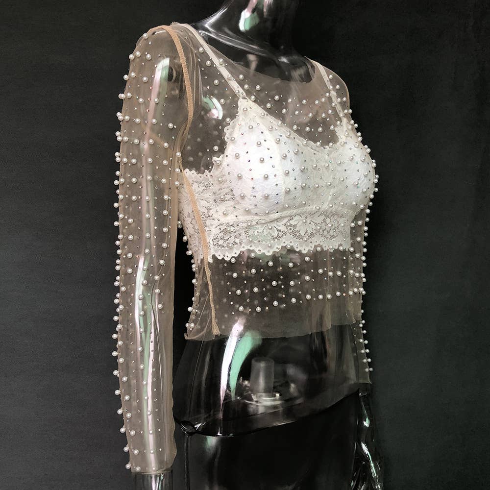 Pearl rhinestone sheer mesh see through top