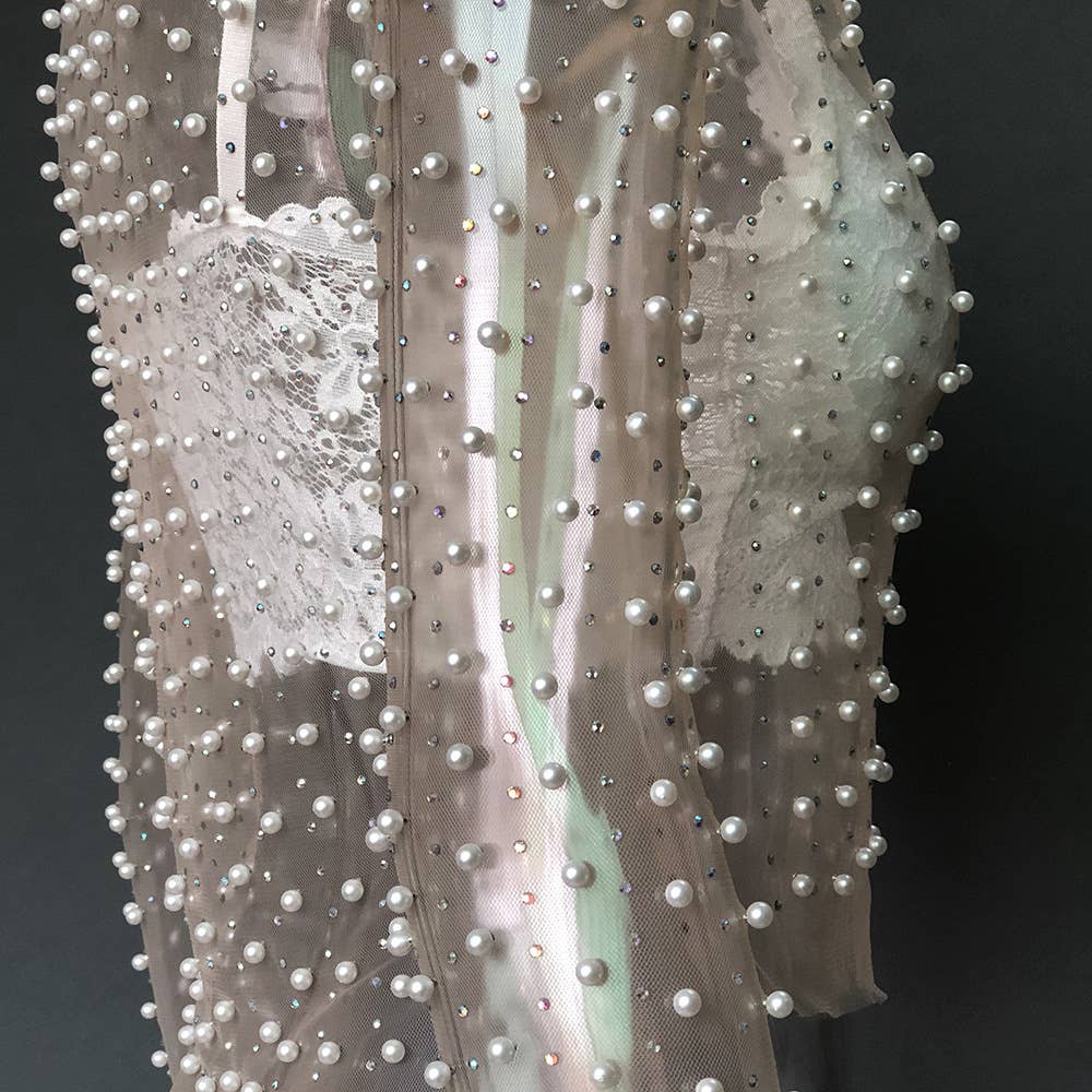 Pearl rhinestone sheer mesh see through top