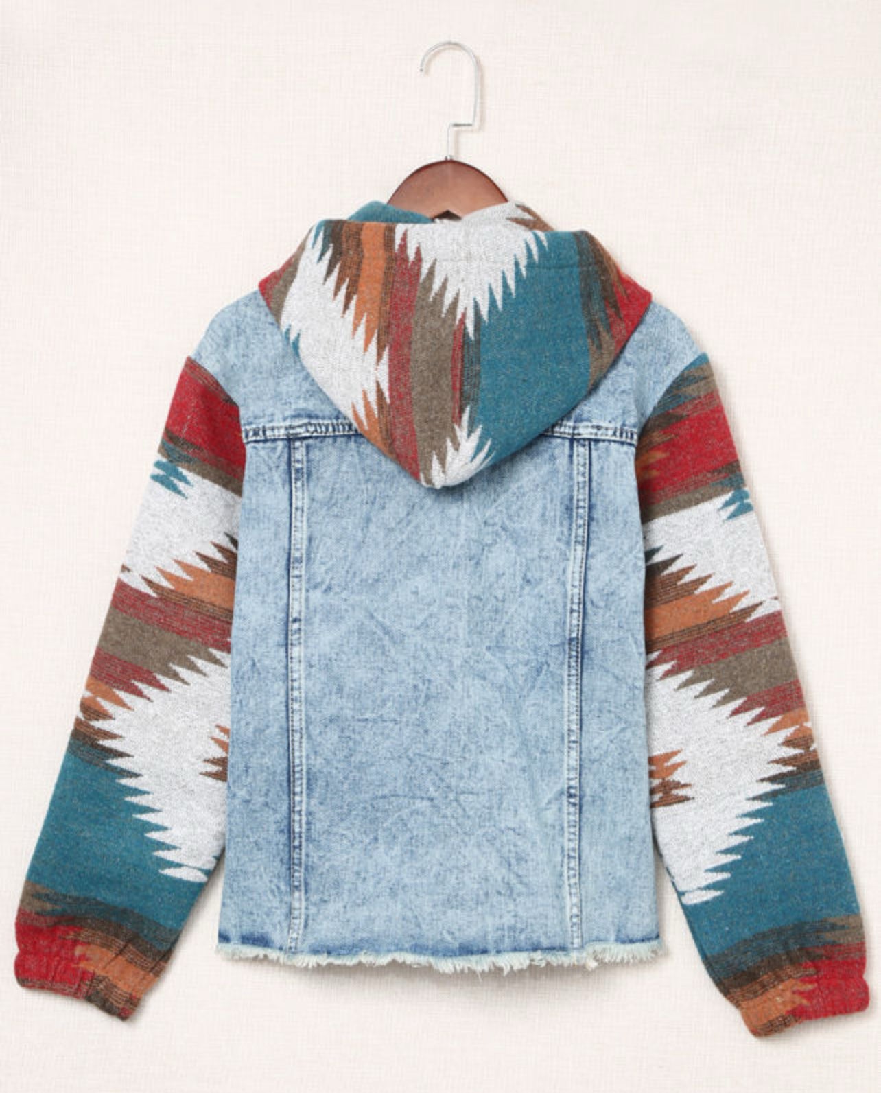 The Robby Aztec Print Frayed Hem Denim Jacket