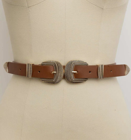 Double Buckle Faux Leather Western Style Belt