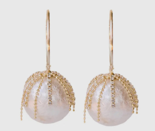 Diamond Fringe Holiday Pearl Hoop Earrings