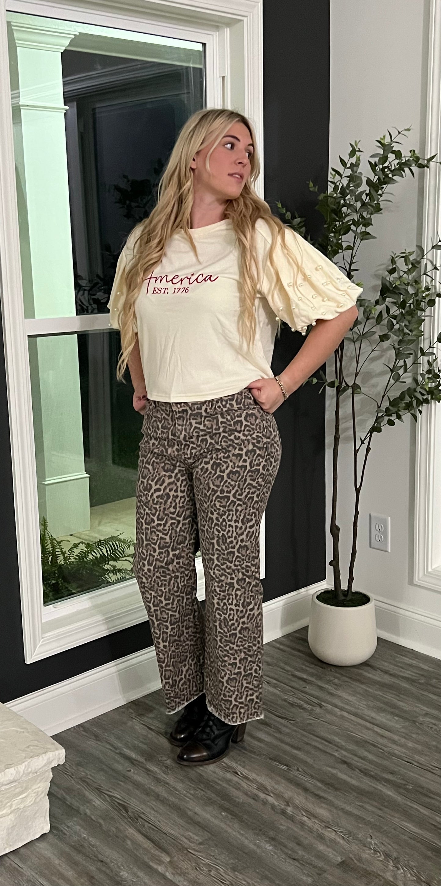 Brown Leopard Frayed Edge Wide Leg High Waisted Jeans