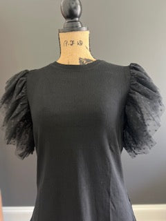 Dotty Mesh Ruffle Sleeve Ribbed Knit Top