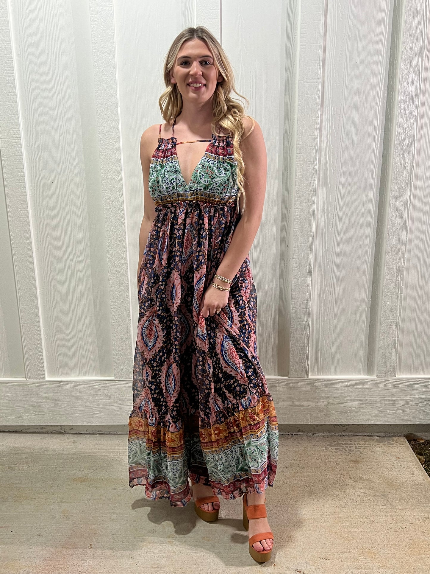 Multi Print Maxi Dress Open Back