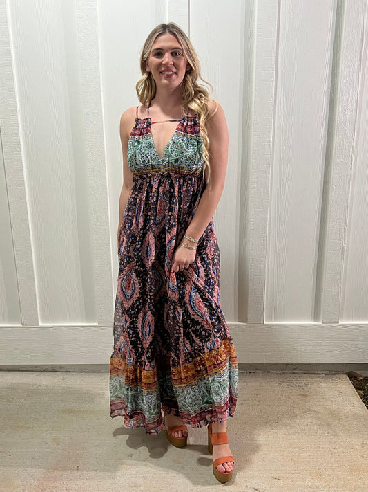Multi Print Maxi Dress Open Back