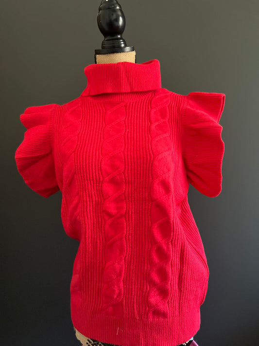 Tomato Red Cable Detail Knit Ribbed Top