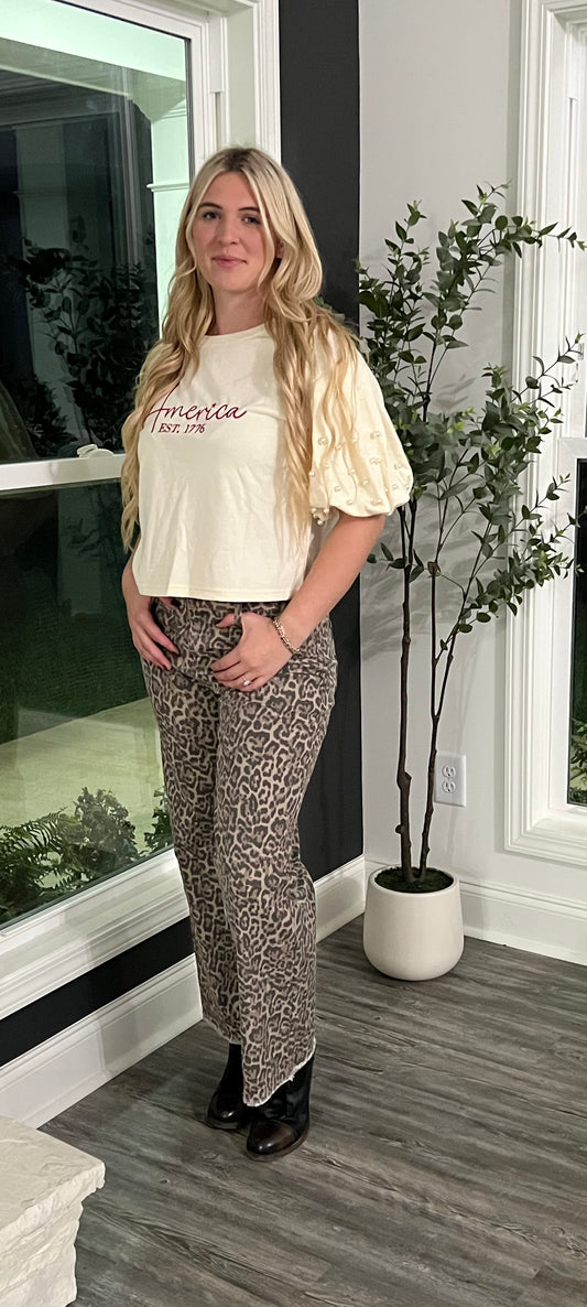 Brown Leopard Frayed Edge Wide Leg High Waisted Jeans