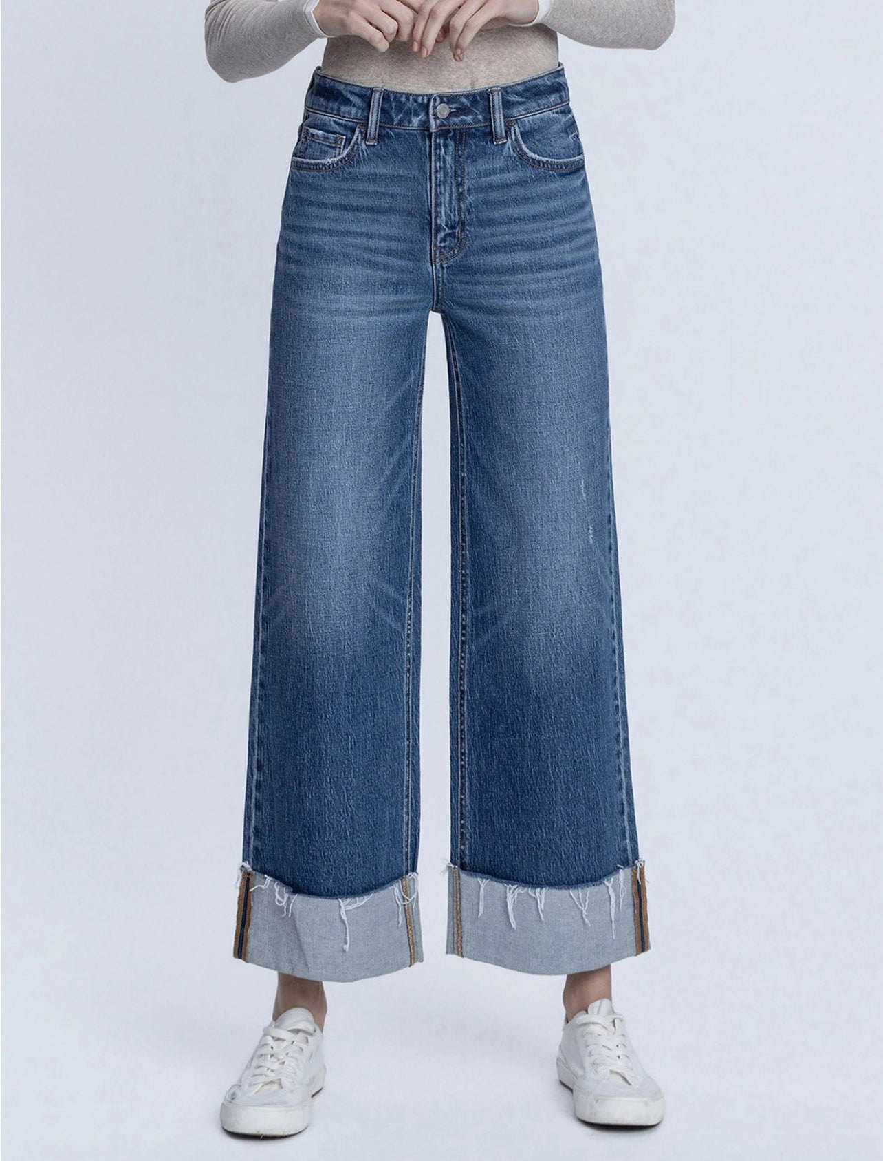 High Rise Medium Dark Wash Cuffed Ankle Wide Jeans