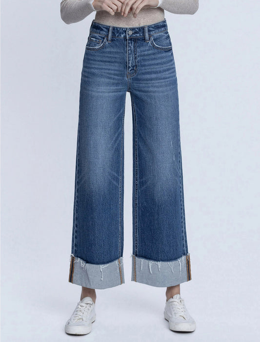 High Rise Medium Dark Wash Cuffed Ankle Wide Jeans