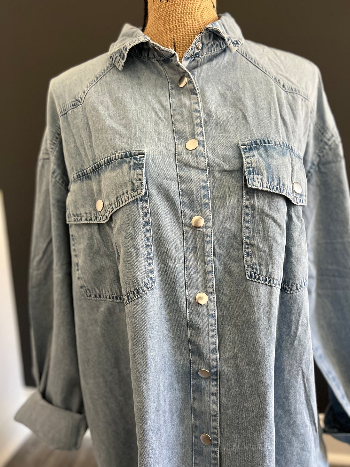 Chest Pocket Raw Hem Denim Loose Shirt Dress