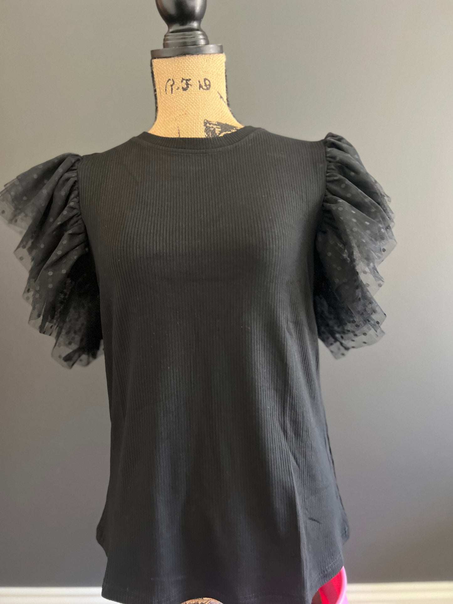 Dotty Mesh Ruffle Sleeve Ribbed Knit Top