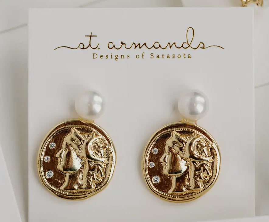 Genuine Pearl and Gold Coin Statement Earrings