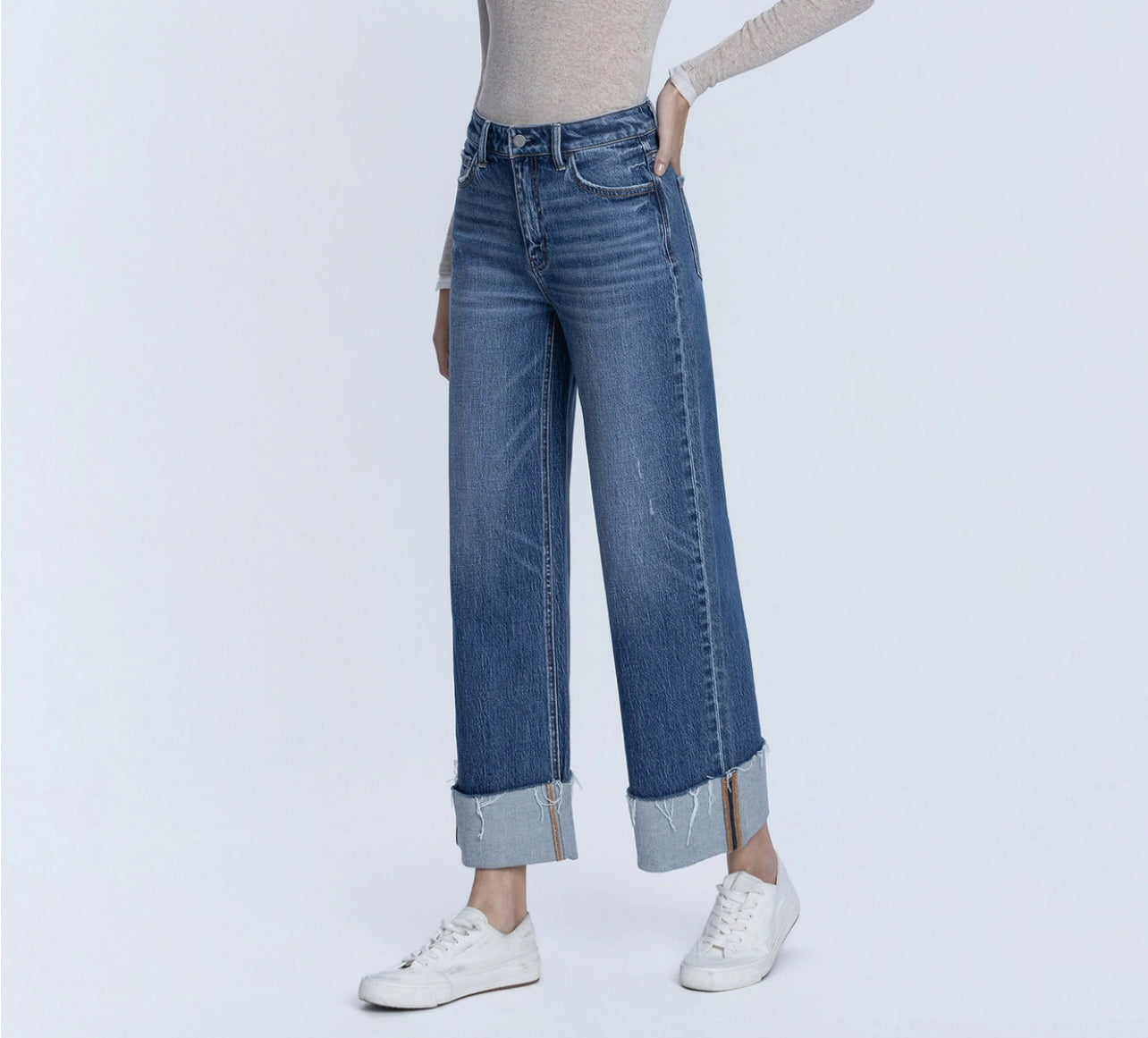 High Rise Medium Dark Wash Cuffed Ankle Wide Jeans