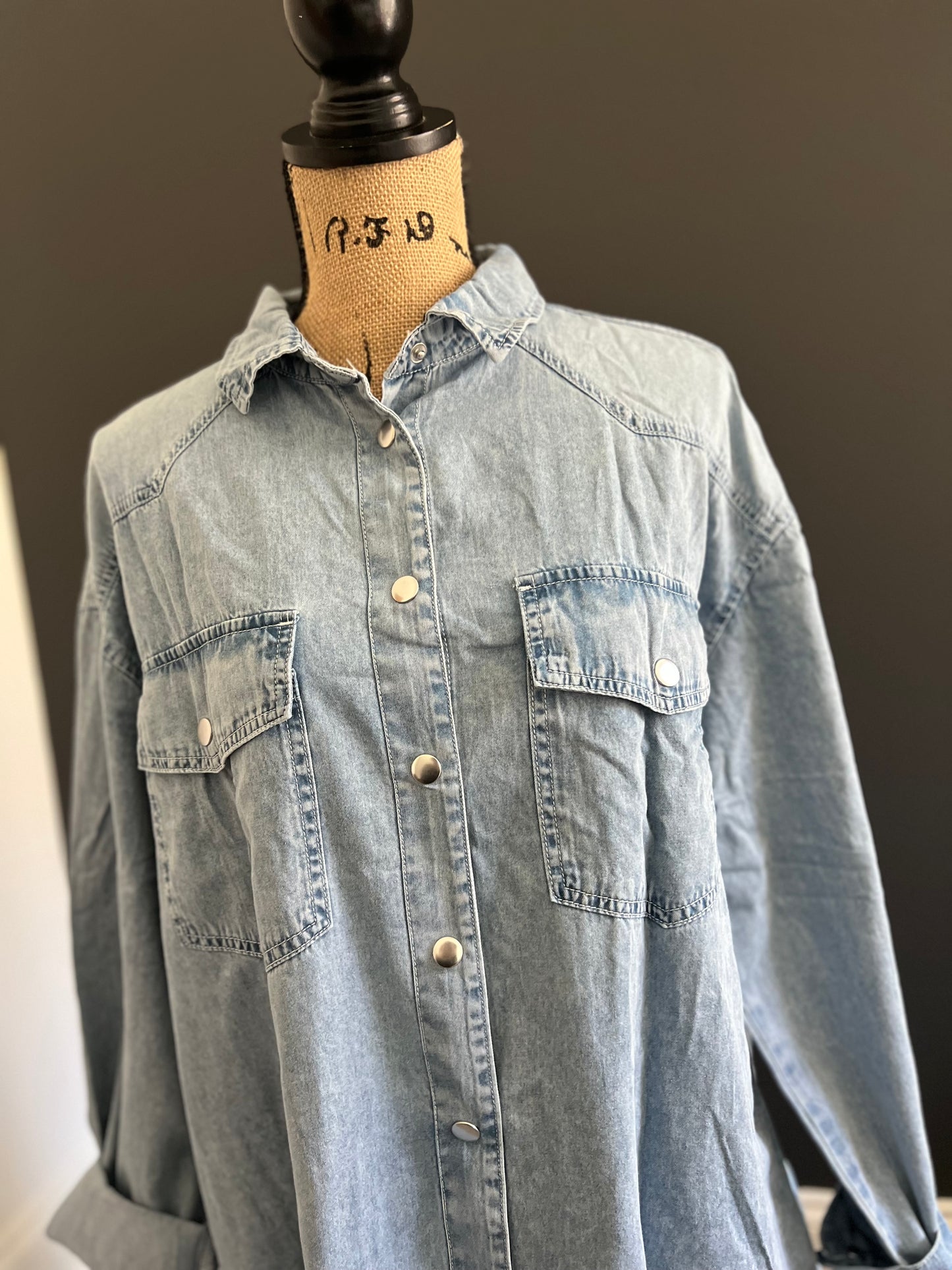 Chest Pocket Raw Hem Denim Loose Shirt Dress