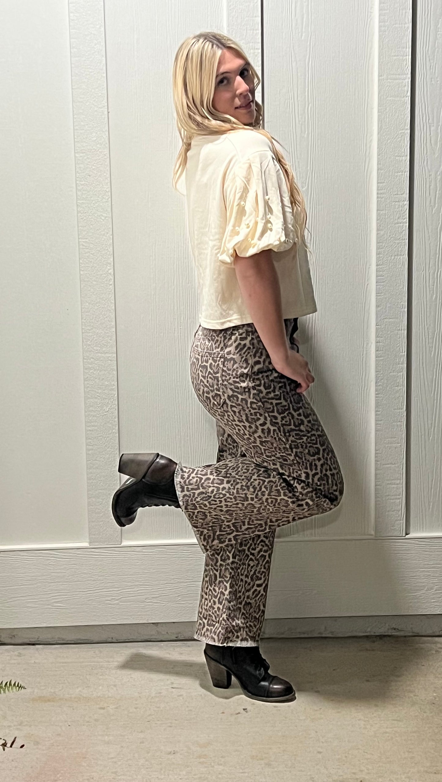 Brown Leopard Frayed Edge Wide Leg High Waisted Jeans
