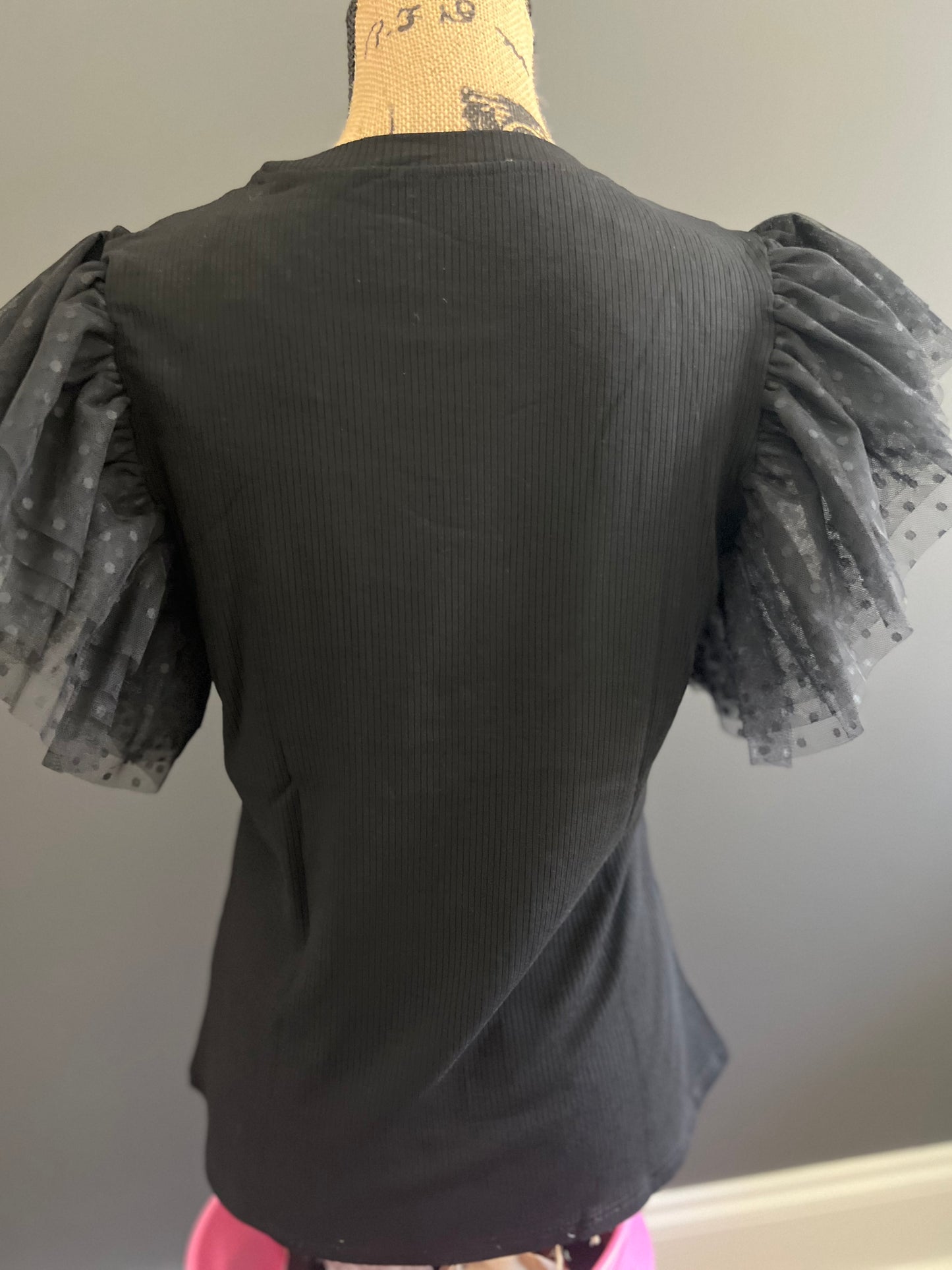 Dotty Mesh Ruffle Sleeve Ribbed Knit Top
