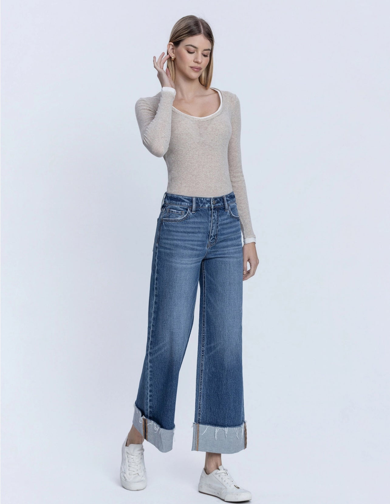 High Rise Medium Dark Wash Cuffed Ankle Wide Jeans