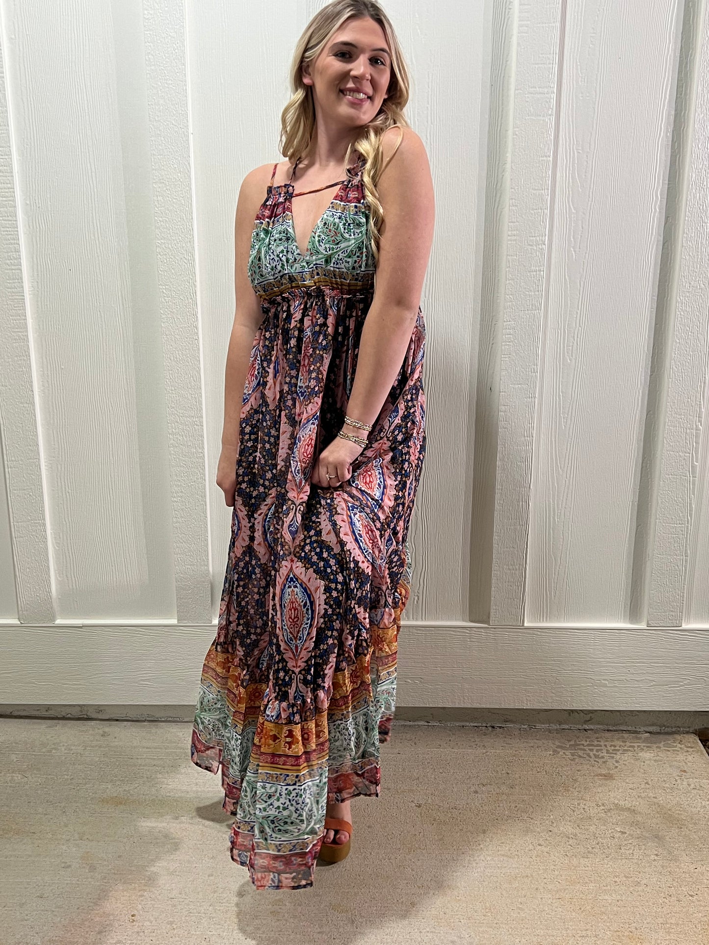 Multi Print Maxi Dress Open Back