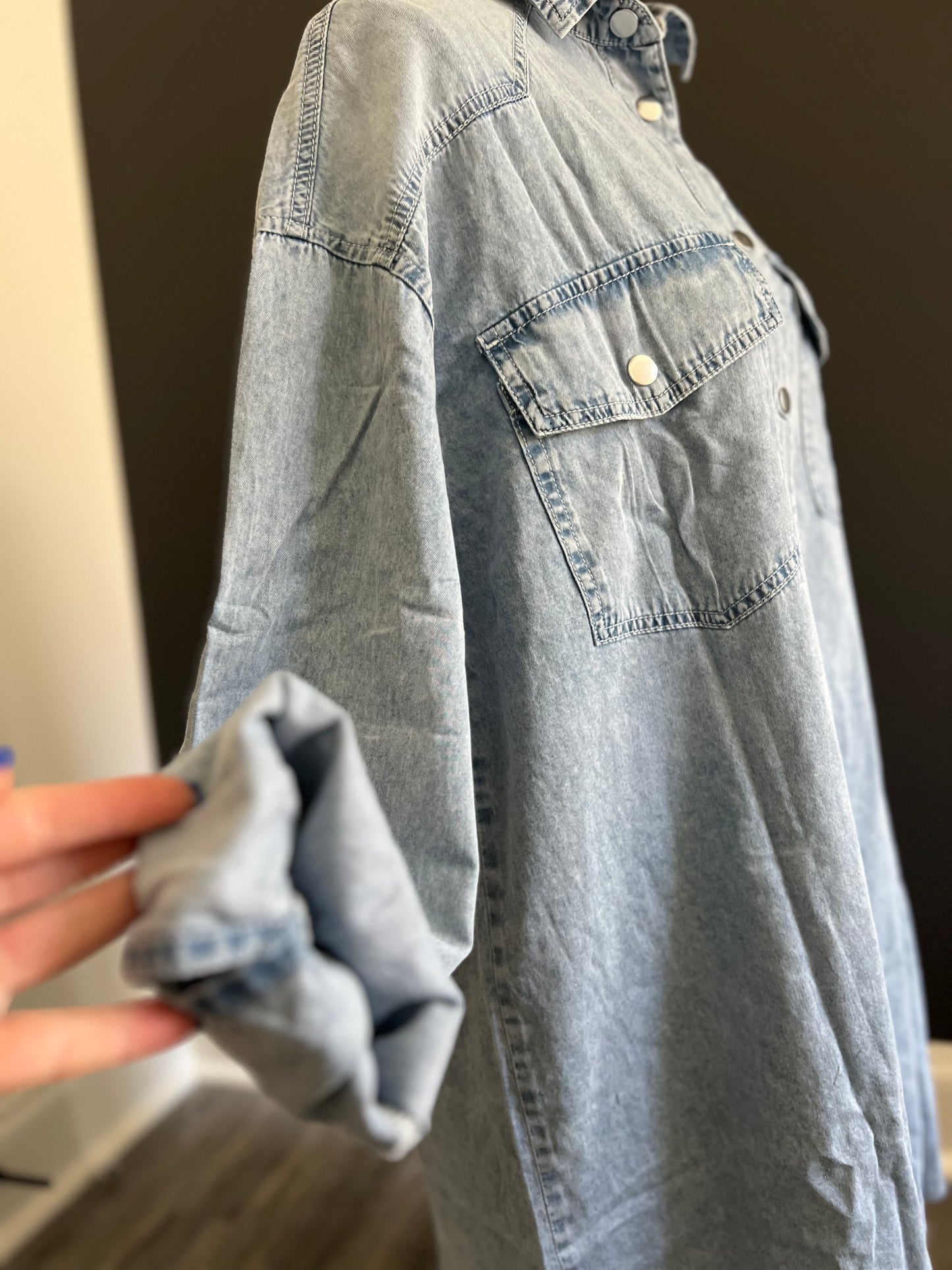 Chest Pocket Raw Hem Denim Loose Shirt Dress
