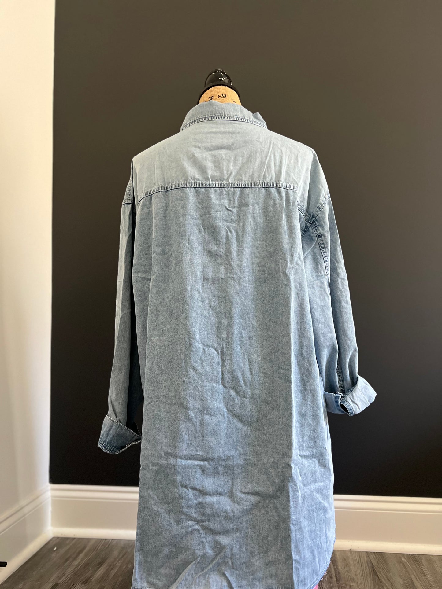 Chest Pocket Raw Hem Denim Loose Shirt Dress