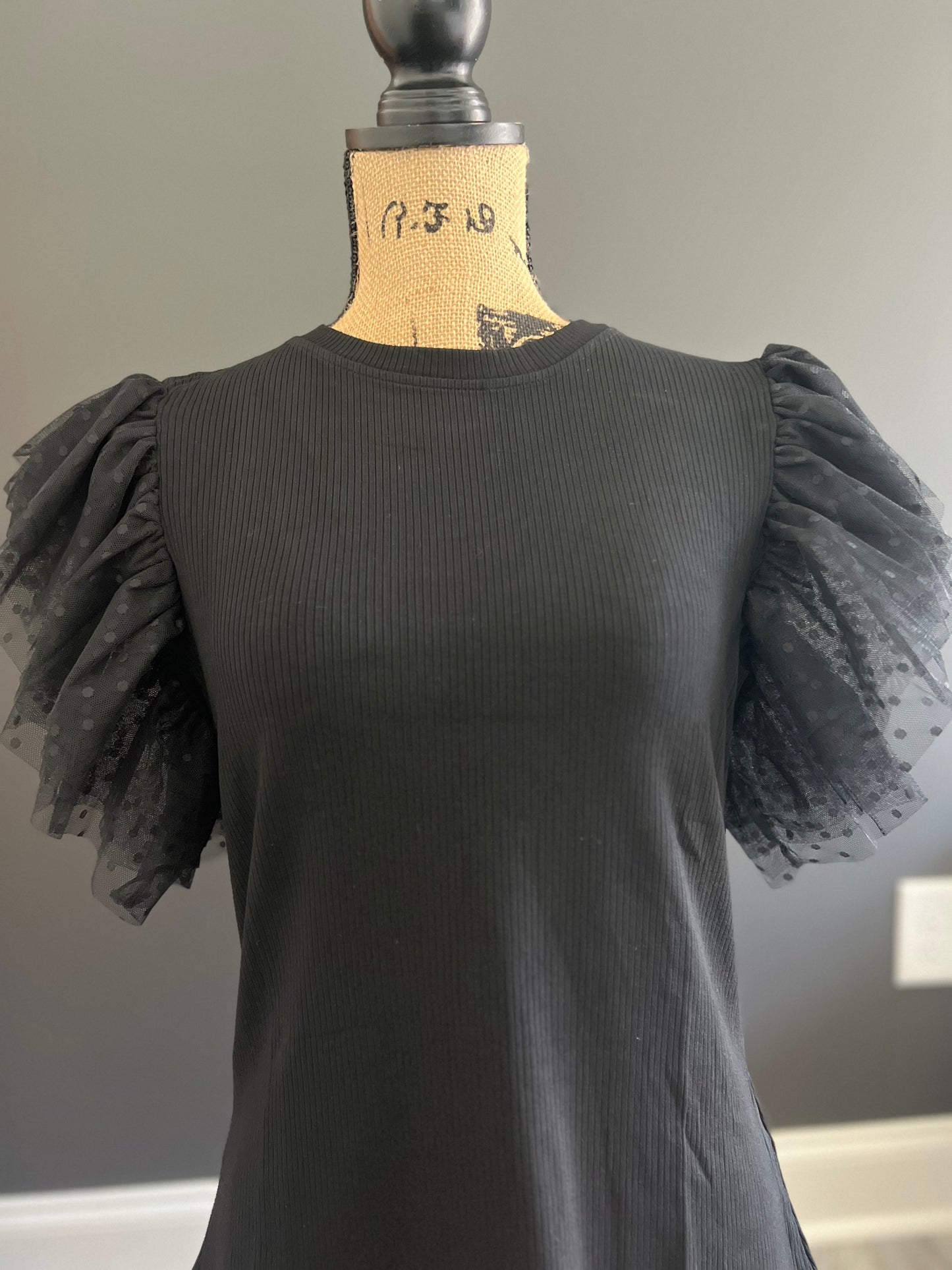 Dotty Mesh Ruffle Sleeve Ribbed Knit Top