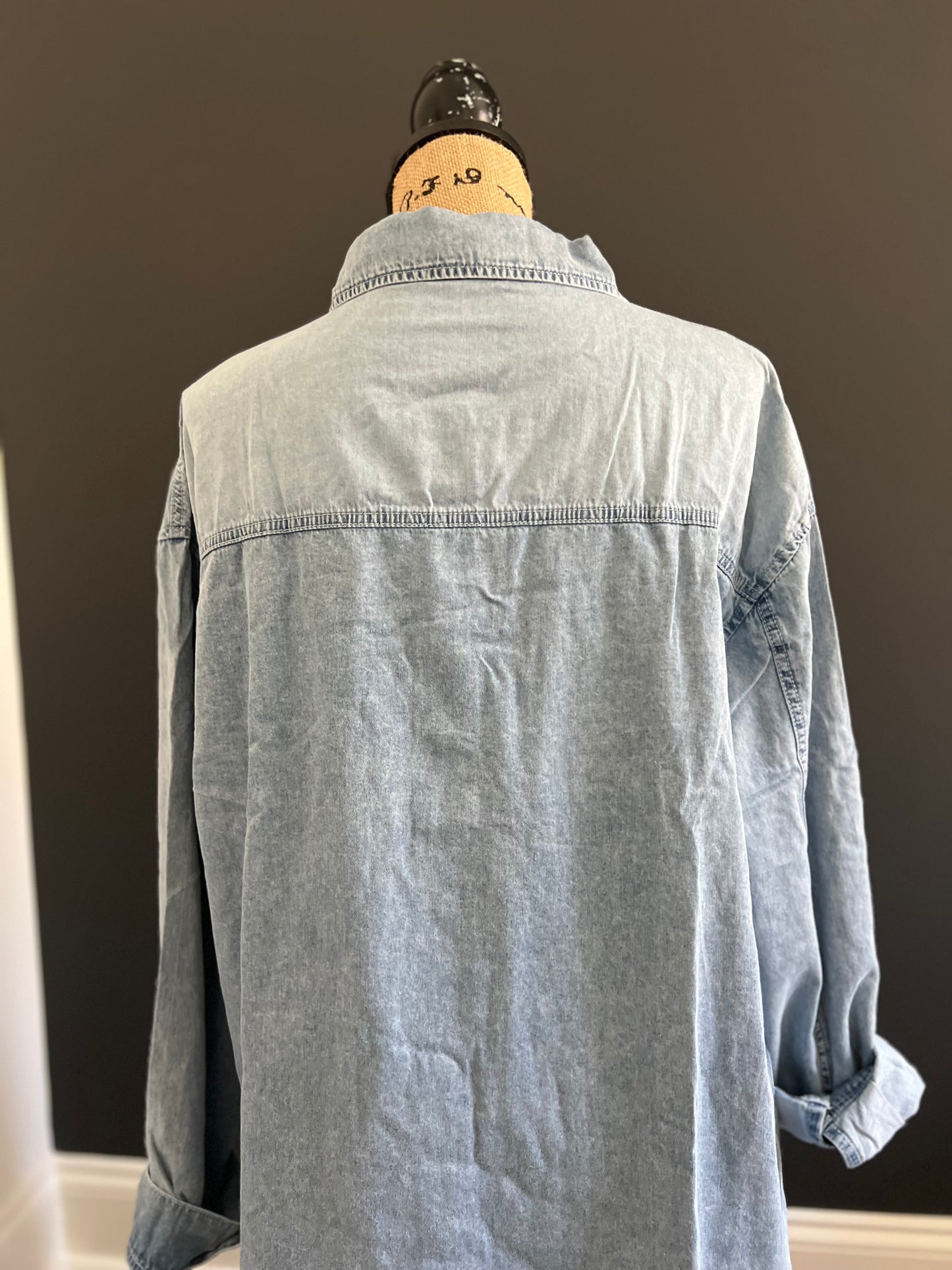 Chest Pocket Raw Hem Denim Loose Shirt Dress